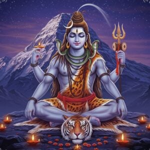 A serene, photorealistic portrait of Lord Shiva in deep meditation, seated in Padmasana on a silver-white tiger skin against the backdrop of Mount Kailash. His four arms hold a trishul (right upper), damru (left upper), rudraksha mala (right lower), and a lotus flower (left lower). His eyes are half-closed in peaceful meditation, with the crescent moon glowing softly in his matted locks. The third eye emanates a subtle golden light. A sacred river flows from his hair, creating ethereal patterns. His body is covered in vibhuti, wearing a tiger skin dhoti and cobra around his neck. The scene is illuminated by floating diyas creating a mystical atmosphere with soft blue and silver hues. Intricate Madhubani-style patterns frame the corners, featuring miniature elements from Shiva's iconography - trishul, damru, and nandi. The background shows a gradient from deep indigo to cosmic purple, with subtle golden Sanskrit verses floating like starlight. Photorealistic digital art style with ethereal lighting effects.