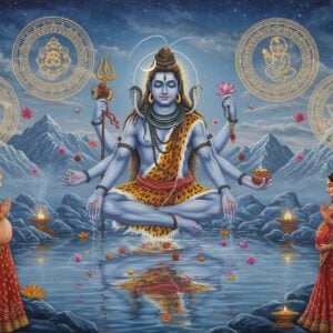 A serene, ethereal scene depicting Lord Shiva in meditation pose, floating above a crystalline pool of water reflecting cosmic energies. The 4-armed deity has ash-covered skin with intricate blue patterns, a crescent moon on his matted hair, tiger skin wrap, rudraksha malas, and the sacred river Ganga flowing. His upper right hand holds trishul, upper left holds damru, lower right in abhaya mudra, lower left in meditation mudra. Around him, three distinct golden circular mandalas glow softly - one symbolizing marriage (with two intertwined rings), one with a baby's silhouette for pregnancy, and one with a lotus for wellbeing. Soft rays of moonlight illuminate the scene through swirling cosmic smoke. The background features the Himalayas in a dreamy, misty style with floating flowers, rudraksha beads, and vibhuti particles. A young Indian couple in wedding attire and a pregnant woman in a silk saree are shown in smaller scale, praying reverently. Art style combines traditional Pahadi miniature painting techniques with modern digital aesthetics, using a palette of deep blues, silver, gold, and soft pastels. The overall composition emphasizes divine grace, protection, and spiritual harmony.