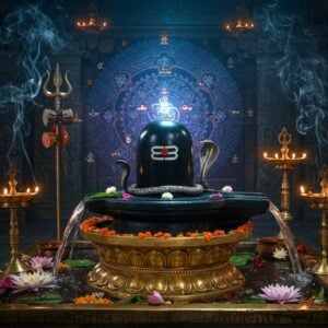 A sacred Shiva Lingam made of black polished stone placed on a golden lotus-shaped pedestal, emanating ethereal blue light. Around it, intricate streams of holy water cascade down, decorated with floating white lotus flowers and bilva leaves. A detailed silver serpent coils protectively around the lingam's base. In the background, a large intricate mandala pattern glows in deep indigo and gold, featuring miniature Trishuls and Om symbols. Smoke from burning camphor and incense creates mystical swirls in the air, illuminated by multiple brass temple lamps. Crystal-clear water droplets sparkle mid-air, catching divine light. The scene is set in a temple sanctum with ancient stone pillars visible in soft focus. The art style combines photorealistic textures with ethereal lighting and traditional Madhubani patterns in the details. The overall color palette features deep blacks, midnight blues, burnished gold, and silver accents, creating a serene yet powerful spiritual atmosphere.
