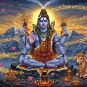 A majestic Lord Shiva seated in Padmasana on Mount Kailash, with four hands - upper right holding damaru, upper left holding trishul, lower right in abhaya mudra, lower left holding sacred text. His form is ethereal with blue-tinted skin radiating divine light, third eye prominent, crescent moon in matted locks, sacred Ganga flowing. He wears a tiger skin, rudraksha malas, and serpents as ornaments. The background shows the snow-capped Himalayas with soft golden sunrise. Sacred Sanskrit verses of Mahimna Stotra manifest as glowing golden light streams swirling around him. Nandi sits devotedly nearby. The scene includes floating lotuses, mystical smoke, and glowing mandalas. Digital art style merging traditional Indian Pattachitra patterns with modern fantasy aesthetics. Rich colors of deep blues, saffron, and gold dominate. Lighting creates a divine aura with rays of light emerging from Shiva's form. The overall composition suggests deep meditation, divine knowledge, and spiritual power.