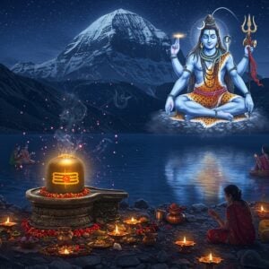 A serene night scene featuring Lord Shiva in meditation pose, floating above a crystalline sacred lake. Shiva has four arms, upper right holding trishul, upper left holding damaru, lower hands in meditation mudra. His form ethereally glows with cool blue light, adorned with crescent moon, serpent around neck, and matted locks flowing with the celestial Ganga. The background shows the majestic Kailash mountain with intricate Madhubani-style patterns in silver and white. A large ornate Shiva lingam radiates golden light in the foreground, surrounded by offerings - copper water pot, fresh flowers, bilva leaves, and lit diyas creating warm reflections. Trails of incense smoke form mystical mandalas in the air. Multiple devotees in contemporary Indian attire perform puja with devoted expressions. The scene combines photorealistic rendering with spiritual symbolism, using a color palette of deep blues, silver, gold, and soft whites. Multiple small glowing particles and ethereal light rays add to the divine atmosphere. Artistic style merges traditional Indian art with modern digital aesthetics, creating a harmonious blend of ancient and contemporary elements.