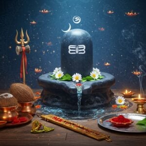 A serene shrine setting with Lord Shiva's cosmic form emerging from a luminous Shiva Lingam, adorned with sacred bilva leaves and white flowers. The four-armed Shiva holds a trishul in upper right hand, damaru in upper left, lower right hand in abhaya mudra, and lower left hand holding rudraksha mala. His form radiates a soft blue aura mixed with silver moonlight. In the foreground, traditional puja items are artistically arranged - a copper kalash with coconut, brass bell, incense holder with smoking dhoop, and a silver plate containing kumkum, vibhuti, and fresh flowers. Crystal-clear water trickles down the Lingam, creating ethereal patterns. The background features intricate Madhubani-style mandala patterns in deep indigo and gold, with subtle Om symbols. Floating diyas create warm golden highlights. The overall scene has a mystical quality with swirling spiritual energy visualized through delicate light trails and subtle smoke patterns. Hyperrealistic digital art style with attention to traditional Indian artistic elements.