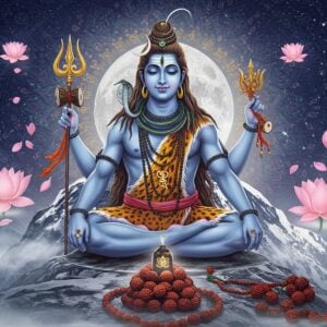 A majestic Lord Shiva in deep meditation, seated in Padmasana on a silver-moonlit peak of Mount Kailash. His four arms display the damaru (upper right), trishul (upper left), rudraksha mala (lower right), and abhaya mudra (lower left). His serene face radiates divine blue light, with half-closed eyes and a subtle smile. The crescent moon adorns his matted locks, and the sacred Ganga flows from his hair. A thousand golden Sanskrit letters emanate from his third eye, transforming into shimmering cosmic patterns. Around him float 1008 ethereal lotus petals in soft pastel hues of pink and blue, each containing microscopic reflections of his various forms. The background features intricate Madhubani-style mandalas in deep indigo and gold, merging with surreal cosmic swirls. A soft mist surrounds the base, where perfectly arranged rudraksha beads form a circular pattern. The entire scene is illuminated by an otherworldly glow, combining cool moonlight with warm golden auras. Photorealistic digital art style with elements of traditional Indian art, emphasizing divine luminescence and spiritual energy.
