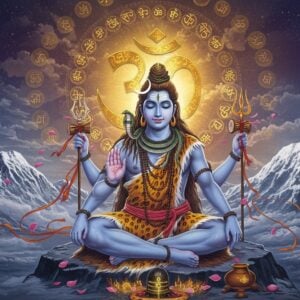 A mystical portrayal of Lord Shiva seated in Padmasana on Mount Kailash, depicted with four arms, ash-covered blue skin, crescent moon on matted locks, third eye prominent on forehead. His upper right hand holds the Trishul, upper left holds Damaru, lower right in Abhaya mudra, lower left holds sacred texts. The background features a massive golden Sanskrit Om symbol emanating ethereal light, surrounded by 108 floating circular mandalas in varying sizes, each containing intricate Devanagari calligraphy. A serpent coils around his neck, and the Ganga flows from his hair. The scene is illuminated by a divine aura with swirling patterns of deep indigo, saffron, and gold. Floating lotus petals and threads of spiritual energy create a dynamic spiral pattern around him. The art style merges traditional Thanjavur painting techniques with modern digital art, featuring metallic accents and dimensional lighting. Snow-capped Himalayan peaks visible in the background, with soft clouds creating a dreamlike atmosphere. Subtle sacred geometry patterns and yantras float in the space around him, rendered in glowing golden lines.