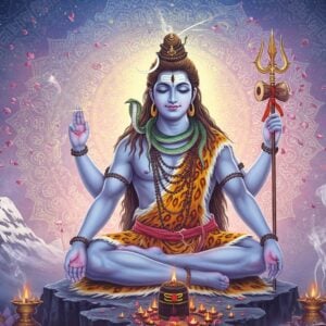 A majestic, ethereal portrayal of Lord Shiva in deep meditation, seated in Padmasana on a silver-crested Mount Kailash. His four arms hold a trishul (trident), damaru (drum), rudraksha mala, and one hand in abhaya mudra. His form emanates a divine blue aura with 1008 golden Sanskrit letters dissolving into cosmic light around him. He wears a crescent moon on his matted locks, serpents adorning his neck, and tiger skin around his waist. The background features intricate mandala patterns in soft pastels merging with cosmic swirls. The Ganga flows from his hair in luminescent streams. Third eye prominent on forehead, eyes half-closed in peaceful meditation. Sacred rudraksha beads and vibhuti details rendered in photorealistic detail. The scene is illuminated by a soft, otherworldly glow with floating lotus petals and wisps of incense smoke. Art style combines traditional Madhubani patterns with modern digital art techniques, emphasizing surreal lighting and ethereal effects.