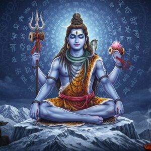 A majestic Lord Shiva in deep meditation, seated in Padmasana on a silver-white snow-capped peak of Mount Kailash. His four arms holding a trishul (trident) in upper right hand, damaru (drum) in upper left hand, lower right hand in abhaya mudra, and lower left hand holding a rudraksha mala. His form radiates a divine blue aura with intricate Sanskrit letters dissolving into cosmic energy around him. His eyes are half-closed in peaceful meditation, with the crescent moon in his matted locks, and the holy Ganga flowing from his hair. The third eye on his forehead emits a subtle golden glow. A sacred cobra is draped around his neck, and his body is adorned with vibhuti (sacred ash) and rudraksha beads. The background features ethereal mandalas in deep indigo and gold, with 1008 small lotus flowers forming a circular pattern behind him, each petal containing a subtle shimmer of his different names. The scene is illuminated by soft moonlight and spiritual energy, creating a dreamy, celestial atmosphere. Smoke from burning incense creates mystical patterns in the air. Art style combines hyperrealistic digital rendering with traditional Indian Thanjavur painting elements, emphasizing divine radiance and spiritual power.