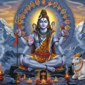 A majestic Lord Shiva seated in Padmasana on Mount Kailash, with four arms - upper right holding Trishul, upper left holding Damaru, lower right in Abhaya mudra, lower left holding a sacred text inscribed with golden Sanskrit letters. His form is ethereal, with intricate details - ash-smeared body, tiger skin wrap, crescent moon in matted locks, third eye prominent, and the sacred Ganga flowing from his hair. A large, ornate mandala in deep blues and gold surrounds him, containing thousand small manifestations of Shiva's different forms in medallions. The background features the snow-capped Himalayas at dawn, with soft golden light breaking through clouds. Sacred smoke from yagna fires rises in spirals, forming subtle Sanskrit patterns. Multiple cosmic rings with intricate Madhubani-style patterns float around him. The scene is illuminated by divine light, creating an otherworldly glow with shades of deep blue, gold, and silver. Serpent Vasuki adorns his neck, while Nandi sits reverentially in the foreground. The art style merges hyperrealistic digital rendering with traditional Indian temple art aesthetics, emphasizing both divine grandeur and spiritual serenity.
