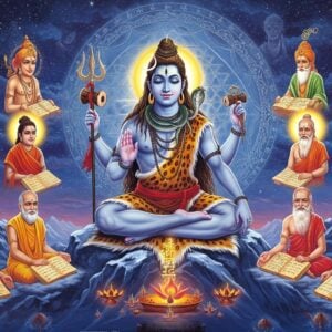 A majestic Lord Shiva in his peaceful form, seated in Padmasana on a silver crescent moon floating above Mount Kailash. His four arms hold: upper right - damaru (drum), upper left - trishul (trident), lower right - rudraksha mala, lower left - sacred texts inscribed with golden light. His body is adorned with vibhuti, third eye prominent, crescent moon in his matted locks, and cobra around his neck. Around him, in a circular mandala formation, ethereal forms of eight diverse sages from different regions of India, each radiating different colored auras (saffron, deep blue, emerald, purple) representing different linguistic traditions. Sacred Sanskrit syllables transform into streams of golden light, flowing like rivers from the manuscripts. The background features a massive Sri Yantra glowing with soft blue light. Intricate Madhubani-style patterns frame the scene, while contemporary digital art elements add depth through subtle sacred geometry and particle effects. The color palette combines deep cosmic blues, celestial purples, and metallic golds. Art style merges traditional Indian iconography with modern digital fantasy art, creating a surreal, spiritual atmosphere with high attention to detail and photorealistic textures.