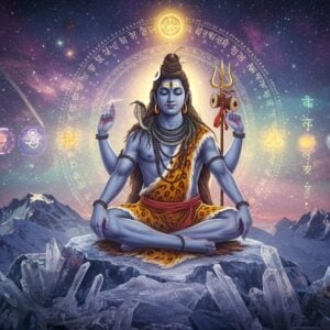 An ethereal scene depicting Lord Shiva in deep meditation, seated in Padmasana on a crystal mountain peak resembling Mount Kailash. His four arms hold a trident, damaru drum, rudraksha mala, and abhaya mudra. His body is ash-smeared, with the crescent moon in his matted locks, and the third eye prominently visible. Around him, 36 tattvas of Kashmir Shaivism manifest as concentric rings of sacred geometry in shades of deep blue, cosmic purple, and luminous gold. The background features a cosmic dance of consciousness represented by swirling energy patterns and floating Sanskrit characters dissolving into pure light. Multiple translucent layers of reality unfold, showing the transformation from bondage to liberation. Sacred symbols of Kashmir Shaivism float in the space - the golden bindu, the lotus of consciousness, and the three spheres representing Para, Parapara, and Apara. Intricate Madhubani-style patterns frame the scene, merging with modern digital art aesthetics. The lighting is divine and otherworldly, with soft golden rays emanating from Shiva's form. Hyperrealistic digital painting style with intense attention to detail and spiritual symbolism.