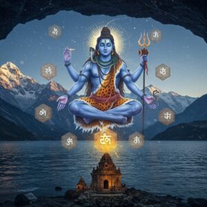 A mystical scene depicting Lord Shiva in deep meditation, floating above a crystal-clear Himalayan lake surrounded by snow-capped peaks at dawn. Shiva has four arms, his upper right hand holds the damaru, upper left holds the trishul, lower right in chin mudra, and lower left palm open with the Shiva Sutras inscribed in Sanskrit appearing as golden light emanating from it. His form is semi-transparent with a cosmic blue hue, adorned with a crescent moon, serpent around his neck, and matted locks flowing with the Ganga. Around him float three dimensional geometric mandalas containing vibrating sacred syllables. The scene is illuminated by a combination of modern bioluminescent effects and traditional Indian spiritual imagery. In the foreground, a stylized representation of Vasugupta's cave in Kashmir rendered in Madhubani art style with modern digital elements. Multiple layers of reality shown through fractal patterns, connecting ancient wisdom with contemporary quantum physics visualizations. The color palette combines deep indigos, celestial blues, molten golds, and ethereal whites. Hyperrealistic rendering with advanced lighting effects creating an atmosphere of transcendental wisdom.