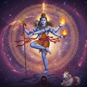 A majestic Lord Shiva performing the cosmic dance Tandava against a swirling cosmic background with deep purples, blues, and ethereal gold. His four arms are precisely positioned - upper right hand holds the damaru drum, upper left hand carries agni (fire), lower right hand in abhaya mudra, and lower left hand points to lifted foot. His hair flows wildly with the Ganga and crescent moon visible. The third eye prominently glows. He wears a tiger skin dhoti, rudraksha malas, and snake ornaments. Around him, intricate mandalas in gold sacred geometry patterns pulse with energy. The background shows the universe in motion - galaxies, stars, and cosmic energy swirls in dynamic patterns. A ring of blue fire encircles him. Nandi is visible in the lower corner, watching in devotion. The scene captures both destruction and creation, with detailed Indian artistic elements like ornate borders and mystical symbols. The lighting is dramatic with ethereal glow effects highlighting Shiva's divine form. Hyperrealistic digital art style with strong attention to traditional iconographic details merged with modern cosmic visualization.