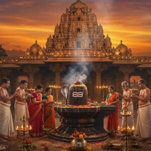 A majestic night scene of a grand South Indian Shiva temple with intricate Dravidian architecture illuminated by hundreds of traditional oil lamps and modern warm lighting, golden light reflecting off the temple's ornate sculptures. In the foreground, a group of devotees in traditional Indian attire performing abhishekam to a crystalline Shiva lingam adorned with silver snake ornaments and fresh bilva leaves. Sacred smoke from multiple brass deepa-arathis creates ethereal swirls in the air, mixing with vibrant orange and purple hues of sunset. The scene includes detailed elements like brass temple bells, fresh flower garlands in red and white, and milk flowing down the lingam. Multiple priests in traditional white dhotis performing elaborate rituals with copper vessels and camphor. The background features intricate Madhubani-style patterns depicting Shiva's various forms, merged seamlessly with modern digital art techniques. The overall composition has a mystical quality with soft glowing auras, hints of blue representing Shiva's energy, and delicate golden mandala patterns floating in the air. Dynamic lighting emphasizes the spiritual atmosphere with beams of light streaming through temple pillars.