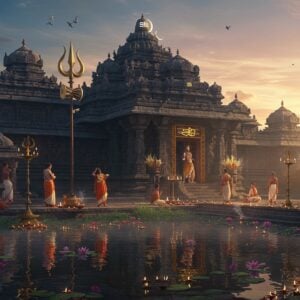 A serene, ethereal scene of a majestic Shiva temple during sunrise, crafted in modern digital art style with traditional Indian architectural elements. The temple features intricate Dravidian architecture with ornate gopurams in dark granite, adorned with gold-highlighted sacred symbols and Sanskrit motifs. Lord Shiva's iconic Trishul stands prominently at the entrance, emanating a soft divine blue glow. The foreground shows a peaceful temple pond with floating lotus flowers and lit diyas, their reflections creating magical patterns on the water. Devotees in traditional Indian attire (white and saffron) are seen performing various ritual activities - offering bilva leaves, carrying milk pots, and meditation. The scene is illuminated by both warm morning sunlight and the ethereal light from traditional brass temple lamps. Wisps of sacred incense smoke create mystical patterns in the air, merging with morning mist. The color palette combines deep blues, soft golds, and earthy stones, with accents of saffron and vermillion. Sacred symbols like the crescent moon, Rudraksha beads, and Om are subtly incorporated into the architectural details. Photorealistic rendering with a touch of spiritual luminescence, 8k resolution, highly detailed.