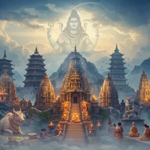 A majestic Lord Shiva temple complex blending diverse architectural styles - Angkor Wat-inspired towers, Japanese pagodas, and Gothic spires - emerging from misty mountains. Lord Shiva's cosmic form appears as a translucent ethereal silhouette above, four-armed, holding trishul in upper right hand, damaru in upper left, lower right in abhaya mudra, lower left holding crescent moon. The temple complex features intricate Madhubani-style patterns in gold and deep blue. Surrounding the temples are international devotees in their traditional attires - Indonesian sarongs, Japanese kimonos, Western formal wear - performing abhishekam and meditation. Sacred bull Nandi appears in various artistic interpretations - Southeast Asian stone sculpture, minimalist Japanese style, and European marble work. The scene is illuminated by soft divine light breaking through clouds, creating a surreal atmosphere. Floating lotus flowers and vibhuti particles add spiritual elements. The color palette focuses on deep blues, gold accents, and pure whites, with subtle incorporation of modern architectural lighting. The overall composition suggests global unity in Shaivite tradition while maintaining photorealistic quality with ambient occlusion and volumetric lighting.