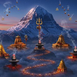 A majestic aerial view of Mount Kailash at dawn, rendered in a fusion of traditional Madhubani and modern digital art style. The sacred mountain glows with ethereal blue light, while Lord Shiva's iconic trishul emerges from its peak, emanating golden energy. In the foreground, a meandering path made of jyotirlingas leads through multiple iconic Shiva temples - the snow-capped Kedarnath, the golden-spired Kashi Vishwanath, and the coastal Rameshwaram temple, each detailed with intricate architectural elements. Sacred rudraksha beads and vibhuti-smeared lingams float in the atmosphere, connected by strands of spiritual energy. The scene is illuminated by multiple om symbols crafted from floating diyas, creating a warm golden glow against the deep blue-purple twilight sky. Mystical smoke from ritual fires swirls through the scene, forming subtle Sanskrit patterns. The color palette features deep indigos, burnished golds, saffron oranges, and silver highlights. Hyperrealistic rendering with surreal ethereal elements, 8k resolution, cinematic lighting, volumetric fog effects.