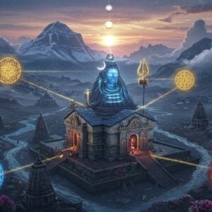 A majestic aerial view of a sacred Shiva temple nestled in the Himalayas, with Mount Kailash visible in the background. The temple architecture follows traditional Nagara style with intricate geometric patterns and mandala designs glowing with ethereal blue light. Lord Shiva's iconic trishul emerges from the temple's peak, radiating cosmic energy in spiraling patterns. The scene is surrounded by floating sacred geometry patterns representing the five elements - earth, water, fire, air, and ether - each illustrated in distinct colors (gold, deep blue, bright orange, white, and purple). Mystical ley lines in glowing gold connect various smaller temples in the landscape, forming a perfect Sri Yantra pattern when viewed from above. The atmosphere features swirling celestial clouds, with the sun and moon in perfect alignment, casting a divine glow. The landscape includes sacred rivers flowing in cosmic patterns, ancient stone carved steps, and blooming Himalayan flowers. The art style merges traditional Pattachitra patterns with modern digital art techniques, using a color palette of deep indigos, celestial blues, burnished golds, and ethereal whites. Hyperdetailed, cinematic lighting, photorealistic textures, mystical atmosphere, 8k resolution.