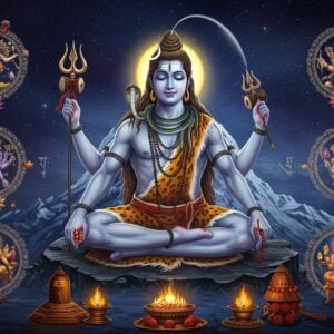 A majestic Lord Shiva in deep meditation, seated in Padmasana on a silver-moonlit Mount Kailash peak, four arms displaying damaru in upper right, trishul in upper left, lower right in abhaya mudra, lower left holding rudraksha mala. His form is ethereal with ash-covered skin glowing with a subtle blue aura, matted locks adorned with crescent moon and flowing Ganga, third eye prominent, cobra around his neck. Surrounding him in a circular mandala formation are five smaller shrines, each featuring distinct aspects: Nataraja dancing in cosmic flames, Dakshinamurthy under banyan tree, Bhairava with his dog, Ardhanarishvara split in half, and Lingabhishek scene. The background features intricate Madhubani-style patterns in deep indigo and gold, with floating lotus flowers and rudraksha beads. Soft spiritual light emanates from Shiva's form, illuminating sacred Sanskrit symbols etched in the air. The scene combines hyperrealistic digital art with traditional Indian temple architecture elements, creating a mystical atmosphere with swirling cosmic energy and floating diaspora of stars.
