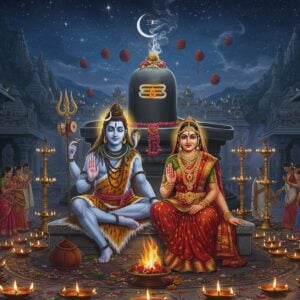 A serene nighttime scene showing Lord Shiva and Parvati in divine wedding attire, seated on a decorated marble temple courtyard. Shiva appears with four arms, holding trishul and damru in upper hands, and blessing mudra in lower hands, adorned with serpents, crescent moon, and matted locks with flowing Ganga. Parvati wears a rich red and gold wedding saree with traditional bridal jewelry. Around them, an ornate temple architecture with intricate Dravidian gopuram details glows with hundreds of brass oil lamps and floating lotus flowers. The background features a massive Shiva lingam adorned with bilva leaves and flowers, emanating a soft blue divine light. Multiple couples in wedding attire are shown seeking blessings, their faces reflecting devotion and hope. The scene is enhanced with swirling cosmic energies, floating rudraksha beads, and ethereal smoke from sacred fires. Art style combines hyperrealistic digital rendering with traditional Indian temple art motifs, using a color palette of deep blues, golds, and warm oranges, creating a mystical yet contemporary aesthetic.