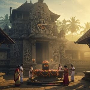 A magnificent ancient stone Shiva temple in Sri Lankan architecture, rising majestically against a misty tropical backdrop with towering palm trees. The temple features intricate Dravidian-style gopuram with detailed carvings of Hindu deities. Lord Shiva's cosmic dance form is prominently carved on the main entrance, with precise details showing his four arms - upper right holding damaru, upper left with agni, lower right in abhaya mudra, and lower left in gajahasta pose. The temple structure has traditional Sri Lankan elements like curved roof tiles in terracotta. Warm golden sunlight filters through morning mist, creating a mystical atmosphere. The foreground shows devotees in traditional Sri Lankan attire performing pradakshina around a sacred lingam adorned with fresh tropical flowers and vibrant garlands. The scene combines both Sinhalese and Tamil architectural elements, with mandala patterns and lotus motifs decorating the pillars. The color palette features deep blues, rich golds, earthy browns, and hints of saffron. The lighting creates a divine atmosphere with soft rays highlighting the ancient stone work. Style: photorealistic digital art with subtle traditional Indian art influences, emphasizing architectural grandeur and spiritual ambiance.