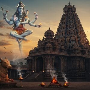 A majestic, ornate South Indian Shiva temple with towering gopurams decorated in intricate Dravidian architecture, rising against a dawn sky with soft golden-orange hues. Lord Shiva in his cosmic dance pose appears as a semi-transparent, ethereal form above the temple, with four arms - upper right holding damaru, upper left holding agni, lower right in abhaya mudra, and lower left in gajahasta pose. The temple structure features detailed stone carvings of divine beings, with traditional deepa oil lamps creating a warm glow. In the foreground, a sacred stone Nandi, intricately carved and decorated with flowers and vermillion, faces the temple entrance. Floating lotus flowers and subtle spiritual symbols like the crescent moon and trishul appear as glowing elements. The scene is enhanced with smoke from ritual fires, creating a mystical atmosphere. The art style combines hyperrealistic architectural details with ethereal spiritual elements, using a color palette of deep blues, warm golds, earthy stones, and vibrant vermillion accents. The lighting emphasizes the divine presence with soft, glowing halos and subtle light rays.
