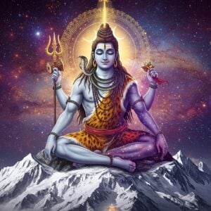 A majestic depiction of Lord Shiva in deep meditation, seated in Padmasana on a silver-white mountain peak representing Mount Kailash. He has four arms - upper right hand holding trishul, upper left hand holding damaru, lower hands in dhyana mudra. His form transitions from solid to ethereal, with his right side depicted as the traditional blue-throated Shiva with matted locks, crescent moon, and rudraksha beads, while his left side dissolves into pure cosmic energy represented by swirling galaxies and stars. The background shows the ultimate reality of Brahman through abstract cosmic patterns and sacred geometry in deep purple and gold. A large, translucent Om symbol floats behind him, emanating soft golden light. Multiple smaller mirrors surrounding the scene reflect the same image of Shiva, symbolizing non-duality. Intricate Madhubani-style patterns in gold and white flow throughout the composition. The lighting is ethereal with a combination of cool blues and warm golden hues. The art style merges hyperrealistic digital art with traditional Indian iconography, creating a modern yet spiritually authentic aesthetic.