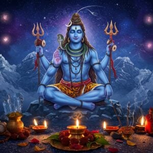 A majestic Lord Shiva in deep meditation, sitting in Padmasana on Mount Kailash, his four arms displaying the damaru in upper right, trishul in upper left, abhaya mudra in lower right, and varada mudra in lower left. His form is ethereal with moonlit blue skin, adorned with a serpent around his neck, crescent moon in his matted locks, and the sacred Ganges flowing from his hair. Third eye prominently visible. The background features a cosmic mandala in deep blues and purples, with intricate Madhubani-style patterns. The foreground shows elaborately detailed puja items - a golden kalash, burning diyas, fresh bilva leaves, and fragrant incense creating mystical smoke trails. The scene is illuminated by both moonlight and the warm glow of ceremonial flames. Artistic style combines hyperrealistic digital rendering with traditional Indian art elements, featuring a color palette of deep blues, silver, gold, and saffron. Crystal-clear ice formations and snow peaks of Kailash visible in the distance. A subtle Om symbol appears in the smoke trails, while rudraksha beads and fresh flowers create a border-like pattern around the scene.