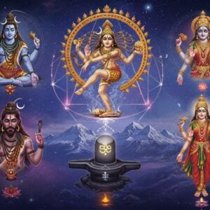 A majestic cosmic scene showing five distinct forms of Lord Shiva arranged in a sacred pentagonal mandala pattern against a deep blue-purple ethereal background. In the center, Nataraja dances in his cosmic form, surrounded by a ring of golden flames, with four hands holding damaru, fire, abhaya mudra, and dancing pose. To the top, Dakshinamurthi sits serenely under a banyan tree in meditation. On the right, Ardhanariswara stands half-Shiva half-Parvati, with intricate gold and crimson ornaments. On the left, Bhairava appears fierce with a third eye blazing, adorned with a serpent necklace. At the bottom, Lingam form radiates pure white light with golden Sanskrit symbols floating around it. Sacred geometry patterns connect all forms with glowing lines. The scene is enhanced with swirling cosmic energies, floating rudraksha beads, crescent moons, and translucent sacred ash particles. Each form is detailed in traditional Indian art style but rendered with modern digital techniques, featuring metallic gold accents, volumetric lighting, and a surreal glow. The background shows subtle hints of Mount Kailash and the night sky filled with stars and nebulae in deep purples and blues.