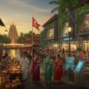 A bustling Indian marketplace in Kodungallur with modern glass-fronted shops seamlessly blending with traditional Kerala architecture, illuminated by warm golden sunset light. In the foreground, a diverse group of Indian shoppers in contemporary fusion wear browse through colorful stalls selling traditional spices, bronze vessels, and modern electronics. The iconic Kodungallur Bhagavathy Temple's golden flagstaff visible in the background, surrounded by sleek modern buildings with living walls. Traditional Kerala-style boats transformed into floating cafes dock at a modernized waterfront promenade lined with palm trees wrapped in LED lights. Young people engaged in various activities - some practicing yoga in a glass-walled fitness center, others enjoying traditional board games in a modern gaming cafe. The scene features rich colors like deep maroon, turquoise, and gold, with intricate Malayali motifs subtly integrated into the modern architecture. Soft ambient lighting from contemporary street lamps creates a welcoming atmosphere, while holographic information kiosks blend seamlessly with traditional market elements. Art style combines hyperrealistic digital rendering with traditional Kerala mural art elements, maintaining cultural authenticity while showcasing futuristic elements.