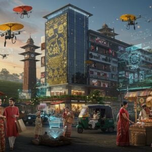A bustling modern marketplace in Tinsukia with a blend of traditional and futuristic elements, featuring a towering glass-and-steel shopping mall adorned with traditional Assamese motifs in gold. The foreground shows elegant Indian shoppers in contemporary fusion wear (kurtas with modern cuts) carrying shopping bags. The scene includes holographic shopping displays floating above traditional street vendors selling local handicrafts and tea. The lighting combines warm golden lanterns with cool blue-tinted LED strips. Traditional bamboo and bell metal crafts are displayed alongside sleek electronic gadgets. The background features the iconic Tinsukia clock tower modernized with digital elements. The art style merges traditional Assamese patterns with cyberpunk aesthetics, using a color palette of deep blues, golden yellows, and warm oranges. Flying drones with traditional Assamese umbrella designs deliver packages above. The scene is framed by stylized tea gardens with modern agricultural tech, representing Tinsukia's evolution while preserving its heritage. Electric auto-rickshaws with LED lighting systems line the streets. Hyperrealistic digital art style with atmospheric lighting and detailed textures.