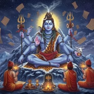 A majestic Lord Shiva in deep meditation, sitting in Padmasana on a silver-white mountaintop resembling Mount Kailash, with eight arms - holding trishul, damaru, akshamala, and kamandalu in four hands while four hands in mudras. His form emanates a powerful blue aura with Sanskrit vibrations visualized as golden sound waves. The scene features floating Vedic manuscripts with a ethereal glow, transforming into streams of cosmic energy. Intricate Madhubani-style patterns in deep indigo and silver form the background. Multiple ancient rishis in ochre robes sit in reverence, chanting with visible golden energy emanating from their mouths. The atmosphere is mystical with swirling cosmic smoke, floating rudraksha beads, and geometric yantra patterns. The lighting is dramatic with moonlight filtering through clouds, creating a divine ambiance. Shiva's features are serene yet powerful, with detailed third eye, crescent moon, and flowing matted locks. Sacred river Ganga flows ethereally from his hair. The art style combines hyperrealistic digital rendering with traditional Indian art motifs, emphasizing spiritual energy and divine power.