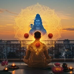 A serene Indian man in his 30s in contemporary clothing (crisp white kurta) sitting in padmasana on a modern minimalist balcony at sunrise, surrounded by a glowing, ethereal golden mandala pattern. Lord Shiva's subtle silhouette appears in meditation pose in the background sky, rendered in soft blue cosmic energy. Sacred Sanskrit vibrations visualized as intricate geometric patterns in saffron and gold emerge from the man's peaceful expression, interweaving with modern city buildings visible below. Five floating rudraksha beads emit soft light, creating a bridge between the modern and ancient worlds. The scene features morning dew drops on nearby lotus flowers, with soft tendrils of incense smoke forming Damaru shapes. The lighting combines warm golden sunrise glow with cool spiritual blue aura. Art style merges hyperrealistic digital painting with traditional Thanjavur art elements, emphasizing both photorealistic details and sacred geometry. The overall composition suggests harmony between contemporary living and timeless spiritual wisdom.