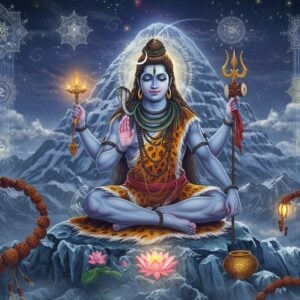 A majestic Lord Shiva in deep meditation, sitting in Padmasana on a crystalline mountain peak, his four hands displaying Abhaya mudra, holding a damaru, trishul, and rudraksha mala. His form emanates a powerful blue aura with intricate Sanskrit vibrations visualized as golden soundwaves. The background features the cosmic Mount Kailash with mystical clouds swirling around it. Multiple translucent layers of mandalas float in the atmosphere, each pulsating with divine energy. Ethereal waterfalls of mercury-like substance flow upward, defying gravity. Sacred fire emanates from his third eye, while a crescent moon glows softly in his matted locks. The scene is illuminated by a combination of cool moonlight and warm spiritual energy. The art style merges hyperrealistic digital rendering with traditional Thanjavur painting elements, featuring rich gold accents and gemstone colors. Rudraksha beads and lotus flowers float weightlessly in the foreground, while subtle hints of Om symbols emerge from the mist in the background. The overall composition creates a sense of divine power and transcendental peace.