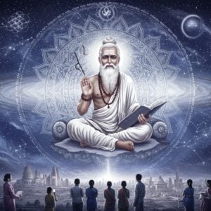 A majestic Indian sage with silver-white beard, dressed in pure white silk dhoti and angavastram, adorned with rudraksha beads, representing Shukracharya, seated in padmasana on a crystal throne floating amidst cosmos. He holds ancient palm leaf manuscripts in his left hand and raises his right hand in chin mudra. Behind him, a large, intricately detailed mandala in shades of pearl white and silver creates a cosmic halo. The scene transitions from ancient to modern through spiral galaxies and constellations, flowing into contemporary city skylines and modern symbols of commerce and governance. The bottom half shows modern Indian professionals in business attire, looking up towards the sage's wisdom. Ethereal light in shades of Venus (shukra graha) - pearl white and silver - illuminates the scene. The art style combines traditional Madhubani patterns in the mandala with modern digital art techniques, featuring a color palette of pearl white, silver, deep blue, and touches of gold. Floating sacred geometry patterns and subtle Sanskrit verses appear as translucent overlays in the background.