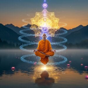 A serene Indian yogi in lotus position levitating above a crystalline lake at dawn, surrounded by swirling, luminescent golden energy patterns forming ancient Siddha symbols. The yogi wears traditional saffron robes with intricate Madhubani-style patterns, his eyes closed in deep meditation. Multiple ethereal, translucent rings of blue and purple energy spiral around him, embedded with delicate Sanskrit symbols. In the background, a massive mandala structure floats in the air, crafted from light and sacred geometry, featuring interconnected chakra symbols in their respective colors. The scene is illuminated by soft, morning sun rays filtering through misty mountains. Floating lotus flowers emit subtle golden light, creating reflections on the still water. The overall composition combines photorealistic rendering with magical elements, emphasizing both the ancient wisdom and contemporary relevance of Siddha practices. The color palette features deep indigos, celestial blues, molten golds, and subtle oranges, creating a mystical yet inviting atmosphere.