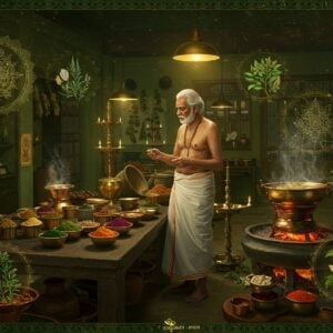 A serene Indian elderly Siddha practitioner with silver hair and traditional white dhoti, examining medicinal herbs in a mystical ancient laboratory setting. The space features brass vessels, stone mortars, and copper containers filled with colorful herbal preparations. Surrounding him are intricate Mandala-styled botanical illustrations of native Indian herbs floating in golden light. The background shows a harmonious blend of modern glass shelves holding traditional palm leaf manuscripts and organized herbal specimens. The scene is illuminated by both modern pendant lights and traditional brass oil lamps, creating a warm golden glow. Detailed Tamil Siddha symbols and yantra patterns are subtly etched on the laboratory walls. In the foreground, a polished stone table displays freshly ground herbs in various stages of preparation, with steam rising in spiral patterns. The color palette includes deep emerald greens, rich earthy browns, burnished copper, and touches of celestial blue. The art style combines hyperrealistic details with ethereal, spiritual elements, featuring intricate Madhubani-inspired patterns in the borders. The atmosphere suggests both ancient wisdom and modern scientific precision.