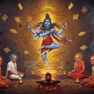 A majestic scene depicting Lord Shiva in his cosmic dance pose, with four arms - upper right holding damaru, upper left holding agni, lower right in abhaya mudra, lower left in gajahasta mudra. He emerges from a swirling vortex of deep indigo and gold energy, surrounded by intricate Tamil Siddha manuscripts floating ethereally. The background features an enormous Sri Yantra mandala in metallic copper and gold. Five ancient Siddha saints in ochre robes sit in meditation around him, each emanating a different colored aura (saffron, blue, white, red, and purple). Sacred ash vibhuti patterns and Tamil scripts float in spiral patterns. The scene is illuminated by a soft, mystical glow, with floating lotuses and rudraksha beads. The art style combines hyperrealistic digital rendering with traditional Thanjavur painting elements, featuring rich metallics and deep jewel tones. Smoke from ritual fire creates ethereal patterns, while subtle Lingam forms emerge in the background's sacred geometry.