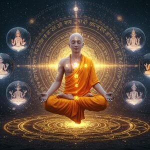 A serene Indian yogi in lotus position floating in ethereal space, wearing traditional saffron robes with intricate Madhubani-style patterns. His body emanates a brilliant golden aura that forms concentric mandalas. Around him, six translucent cosmic spheres representing the six adhvas float in perfect geometric harmony, each containing miniature scenes of spiritual evolution. The background features a cosmic spiral of Sanskrit symbols dissolving into pure light. Multiple dimensions are shown through overlapping transparent layers, with the Kundalini serpent rising through them. Modern geometric patterns blend with traditional Tantric yantra designs. The scene is illuminated by a soft, otherworldly blue-gold light, creating a mystical atmosphere. In the foreground, a stylized lotus mandala forms from particles of light, while the entire composition is framed by intricate Pattachitra-style borders featuring metaphysical symbols. Hyperrealistic digital art style with surreal elements, 8K resolution, volumetric lighting, depth of field.
