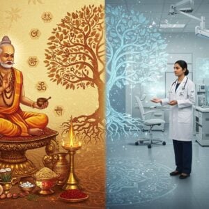 A serene split-screen composition showing two healing worlds merging seamlessly: On the left, a traditional Indian Siddha vaidya in rich maroon dhoti with golden border, seated cross-legged on an ornate brass pedestal, surrounded by ancient palm leaf manuscripts, herb-filled brass vessels, and mortar-pestles with healing herbs. Ethereal golden Sanskrit symbols float around him. On the right, a modern Indian female doctor in a white coat stands in a high-tech medical facility with holographic displays and sleek medical equipment. The center features a large, glowing tree of life where both sides merge - its roots made of intricate Madhubani-style patterns, branches forming DNA helixes and molecular structures. Floating healing herbs transform into modern medicine capsules across the divide. The scene is illuminated by soft, otherworldly golden light with touches of deep peacock blue and saffron. Traditional mandala patterns subtly weave throughout the modern equipment. The art style combines hyperrealistic digital rendering with traditional Indian art motifs, creating a harmonious blend of ancient wisdom and modern science. Small glowing particles float throughout the scene, suggesting spiritual energy meeting scientific precision.