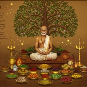 A serene Indian healing sanctuary with a wise elderly Siddha practitioner in traditional white dhoti and angavastram, sitting cross-legged on an intricately carved wooden platform. Before him, various traditional brass and copper vessels containing colorful herbal preparations. In the foreground, a detailed arrangement of medicinal herbs like neem leaves, turmeric roots, and holy basil in inspiring mandala patterns. The background features a large, ornate Madhubani-style tree of life with branches bearing different medicinal plants. Soft golden light filters through the scene, creating a magical atmosphere. Small floating particles of light represent healing energy. To the side, detailed illustrations of traditional healing methods using herbs and oils. The color palette combines deep earthy browns, healing greens, and touches of gold. The art style merges hyperrealistic digital rendering with traditional Indian Pattachitra patterns. The entire scene is framed by delicate Tamil Siddha manuscript-inspired border designs with intricate botanical motifs.