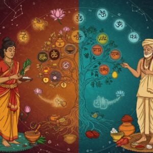 A split composition showcasing two distinct yet harmonious healing traditions - on the left, a serene Siddha practitioner in traditional Tamil attire examining herbs against a backdrop of constellations, zodiac symbols, and alchemical vessels containing mercury and sulfur preparations in deep indigo and gold. On the right, an Ayurvedic healer in cream-colored dhoti conducting pulse diagnosis surrounded by copper vessels containing traditional herbs, with the Tri-dosha symbols (Vata, Pitta, Kapha) floating as ethereal mandalas. The center features an intricate Tree of Life where the roots blend both medicine systems - containing mortar-pestles, herbs, minerals, and diagnostic tools from both traditions. The entire scene is rendered in rich Madhubani-inspired patterns with a modern digital finish, using a color palette of deep maroon, saffron, turquoise and gold. Floating lotus flowers and sacred geometry patterns connect both sides, while soft glowing orbs of light create a mystical atmosphere. The background features delicate illustrations of medicinal plants common to both systems like tulsi, neem, and turmeric in a detailed botanical art style.