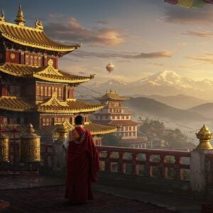 A majestic panoramic view of the ancient Namgyal dynasty palace in Gangtok, perched on a misty Himalayan peak, with prayer flags fluttering in the wind. The palace architecture combines traditional Sikkimese and Tibetan elements with ornate golden roofs and intricate dragon carvings. In the foreground, a noble Sikkimese royal family member wearing traditional chogu (maroon silk robe) and vibrant jewelry stands on an ornate balcony, gazing at the distant Kanchenjunga mountain bathed in golden sunset light. The scene features Buddhist prayer wheels, ancient manuscripts, and ceremonial objects rendered in rich golds and deep maroons. Floating magical orbs of light illuminate the mystical scene. The style combines Thangka painting elements with modern digital art techniques, featuring detailed patterns, rich textures, and a dreamy atmosphere. The lighting creates a ethereal glow, with mist swirling around the palace towers. The color palette includes deep maroons, royal golds, mountain blues, and earthy browns. Photorealistic details with magical elements, cinematic composition, intricate architectural details.