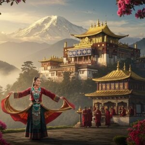 A majestic Rumtek Monastery perched on a misty Himalayan mountainside at golden hour, with snow-capped Kanchenjunga peak in the background. In the foreground, a young Sikkimese woman in traditional Bakhu dress adorned with turquoise and coral jewelry performs the Singhi Chham (Snow Lion Dance) with flowing fabric movements. The monastery features intricate Tibetan architecture with gold-leafed roofs, prayer flags fluttering in the wind, and detailed thangka paintings visible through open windows. Buddhist monks in maroon robes are seen performing rituals with butter lamps and prayer wheels. The scene is enhanced with blooming rhododendrons in deep reds and pinks, creating a frame around the composition. The lighting is ethereal with rays of sunlight breaking through clouds, creating a mystical atmosphere. The art style combines hyperrealistic digital painting with traditional Thangka art elements, featuring rich jewel tones of maroon, gold, turquoise, and deep emerald green. The overall composition should capture both the spiritual essence and cultural richness of Sikkim.