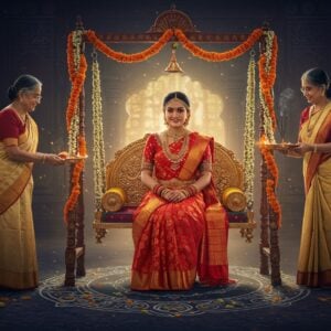 A traditional Indian bride in an opulent red Kanjeevaram saree with gold border sits elegantly on a decorated wooden swing (uyyala) adorned with jasmine flowers and marigold garlands. She wears complete bridal jewelry including waist belt, nose ring, necklaces, bangles, and a large ornate maang tikka. The background features an intricate kolam pattern in white against a deep peacock blue floor. On either side of the swing, two elderly women in cream and maroon silk sarees perform sacred rituals - one holding a traditional aarti plate with lit diyas and kumkum, while the other sprinkles turmeric-infused water from a copper vessel. Soft golden light streams through ornate temple windows, creating a ethereal atmosphere. The scene incorporates Madhubani-style decorative elements along the margins, with stylized peacocks and lotus motifs. The lighting is warm and mystical, with small floating light orbs and subtle smoke from incense sticks adding to the spiritual ambiance. The facial expressions convey deep reverence and joy. The art style seamlessly blends photorealistic elements with traditional Indian art patterns, rendered in rich jewel tones with metallic gold accents.