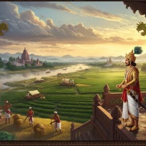 A majestic Indian king in traditional Ahom royal attire (golden and white silk) standing atop an ornate balcony of the Rang Ghar palace, overlooking a vast landscape of medieval Assam. He wears the distinctive Ahom crown with peacock feathers and precious gems, holding a gleaming sword. The background showcases lush tea gardens, the mighty Brahmaputra River with ancient boats, and the Kamakhya Temple on distant hills. The scene includes intricate Assamese architectural details with carved dragons and flora motifs. Multiple elements of prosperity are visible: farmers harvesting golden rice fields, skilled artisans crafting bell metal utensils, and soldiers training with traditional weapons. The lighting creates a golden hour effect, with sun rays filtering through clouds, casting a warm glow over the landscape. The art style combines Assamese manuscript paintings with modern digital art techniques, featuring rich colors like deep burgundy, royal blue, and burnished gold. Ethereal mist rises from the river, creating a mystical atmosphere. The composition should be detailed yet dreamlike, with Madhubani-inspired patterns in the borders and architectural elements.