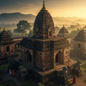 A majestic aerial view of an intricately detailed Ahom temple complex during golden hour, featuring distinctive octagonal dome structures and curved cornices characteristic of Ahom architecture. The central temple exhibits ornate carvings of traditional Assamese and Hindu motifs, with gold-leafed details gleaming in sunlight. The foreground shows detailed stone sculptures of lions (singha) and elephants guarding the entrance. Multiple-tiered roofs with upturned edges cast dramatic shadows across weathered stone walls. Surrounding gardens feature sacred ponds with lotus flowers and ancient stone pathways. Soft mist hovers near the ground, creating an ethereal atmosphere. The scene is rendered in rich, deep colors - burgundy, deep gold, and forest green - with intricate Madhubani-style patterns incorporated into architectural details. Magical golden light streams through ornate archways, highlighting the sophisticated engineering of the structures. The background showcases the natural beauty of Assam's landscape with rolling hills and ancient trees. Style should blend photorealistic architectural details with mystical Indian art elements, emphasizing both grandeur and historical authenticity. A few devotees in traditional Ahom attire provide scale to the massive structures.