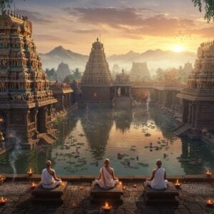 A magnificent aerial view of a sacred South Indian temple complex at dawn, featuring towering gold-plated gopurams with intricate Dravidian architecture and countless sculptures. The temple is surrounded by a serene lotus pond reflecting the sunrise in brilliant orange and pink hues. In the foreground, a group of three Indian spiritual seekers in meditation posture, wearing traditional white dhoti and angavastram, seated on carved stone platforms. Floating lotuses and diyas illuminate the water. The background shows misty mountains with ancient stone-cut temples and ashrams nestled among them. Rays of divine light pierce through morning clouds, creating a ethereal atmosphere. The scene is adorned with sacred elements like brass temple bells, peacocks, and banyan trees with hanging roots. Traditional kolam patterns decorate the temple courtyard. Art style combines hyperrealistic digital painting with traditional South Indian temple art aesthetics, featuring rich colors like deep gold, saffron, turquoise, and crimson. Mystical smoke from ritual fires adds depth and mystery to the composition. The lighting emphasizes the spiritual ambiance with soft golden glow and lens flares.