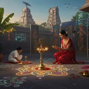 A serene South Indian traditional home courtyard with kolam patterns glowing with bioluminescent rice flour, merging traditional and futuristic elements. A young Indian woman in a modern silk pavadai with LED-enhanced border performs aarti using a smart brass lamp that projects holographic flames. Behind her, an AI-assisted rangoli maker creates intricate patterns while preserving traditional motifs. The scene includes a banana plant decorated with modern solar-powered lights, brass vessels arranged on a smart storage unit with temperature control, and a traditional tulsi plant in a self-watering terracotta pot. The background shows a temple tower with solar panels seamlessly integrated into its ancient architecture. Soft morning sunlight filters through modern privacy screens featuring Bharatanatyam dancer motifs. The color palette includes deep maroons, turmeric yellows, and peacock blues, with subtle golden accents. The scene combines Madhubani-style decorative elements with sleek, minimal modern design, creating a harmonious blend of past and future. Floating AR displays showing festival calendars are subtly integrated into the scene.