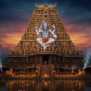 A majestic temple gopuram rising into a mystical twilight sky, adorned with intricate Dravidian architecture in gold and deep maroon tones. Lord Shiva appears translucent and ethereal in the center, in his cosmic dance pose with four arms - upper right holding damaru, upper left carrying agni, lower right in abhaya mudra, lower left in gajahasta pose. His matted locks flow with the cosmic energy, adorned with a crescent moon and the Ganga. The temple structure features multiple tiers with hundreds of detailed sculptures of devas, rishis, and celestial dancers in traditional South Indian style. In the foreground, a serene temple tank reflects the entire scene, with floating lotus flowers and subtle ripples. Warm diyas illuminate the steps leading to the temple, creating a golden glow. The scene is enhanced with swirling cosmic energy in deep blues and purples, with subtle mandala patterns in the background. The art style combines hyperrealistic digital rendering with traditional Thanjavur painting elements, featuring dimensional golden embellishments and rich jewel tones. Smoke from ritual fires adds a mystical atmosphere, while carved stone Nandi sits in reverence facing the scene.