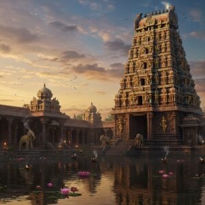 A majestic South Indian Dravidian temple with soaring gopuram stretching into a mystical twilight sky, adorned with intricate golden sculptures of deities and dancers. The main tower features seven tiers with detailed carvings in Chola style architecture, surrounded by smaller shrines. The foreground shows a serene temple tank with floating lotus flowers, reflecting the entire structure like a mirror. Ornate mandapams with carved pillars showcase classical Indian architectural elements, while diya lamps cast a warm ethereal glow. The scene includes detailed stone elephants at the entrance, traditional bharatanatyam dancers frozen in stone, and intricate geometric patterns in the traditional vaastu design. Rich colors of deep saffron, gold, and peacock blue dominate, with hints of pink and purple in the sky. The atmosphere is enhanced by subtle light rays piercing through clouds, creating a divine ambiance. The style combines hyperrealistic architectural details with magical surreal lighting, rendered in high-quality digital art with photorealistic textures. Small streams of smoke from ceremonial fires add depth and mysticism to the scene.