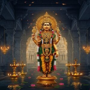 A majestic ancient South Indian temple architecture with intricate Dravidian gopuram in white granite, illuminated by golden divine light. Lord Sowmya Narayana Perumal as the central figure in standing posture, having four hands - lower right hand in abhaya mudra, lower left hand in kati hasta pose, upper right hand holding the Sudarshana Chakra, and upper left hand holding the conch. He wears a golden crown adorned with precious gems, traditional temple jewelry, and bright yellow silk vastram. The background features mystical floating mandalas, ethereal lotus flowers, and subtle Vaishnava symbols like sankha and chakra patterns. Soft morning sunlight filters through ornate temple pillars, creating dramatic light rays. The foreground shows a serene temple tank with floating lotus flowers and traditional oil lamps. The color palette combines deep blues, rich golds, and warm saffron tones. Art style merges hyperrealistic architectural details with ethereal spiritual elements, executed in a modern digital painting technique with traditional Indian art influences.